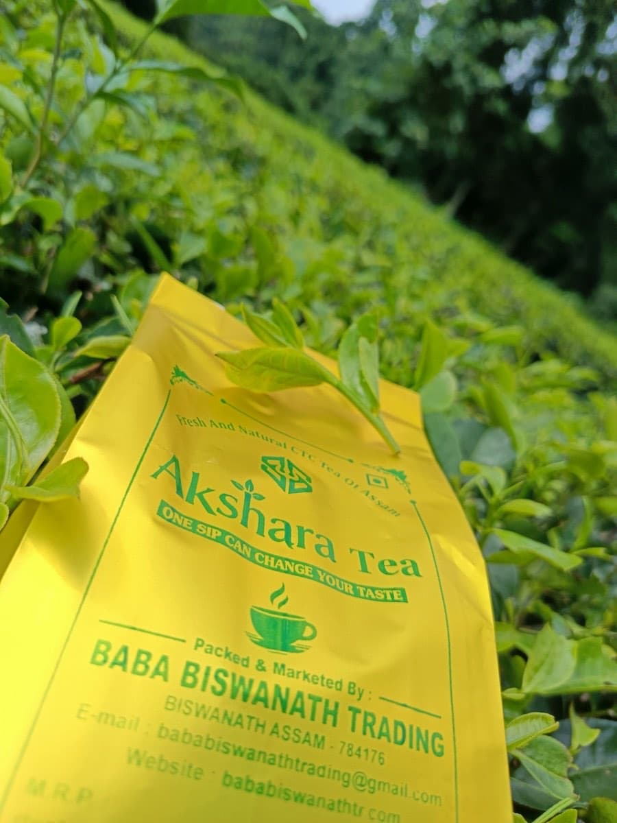 An Akshara Tea 250 g pack with plucked tea rows running behind it
